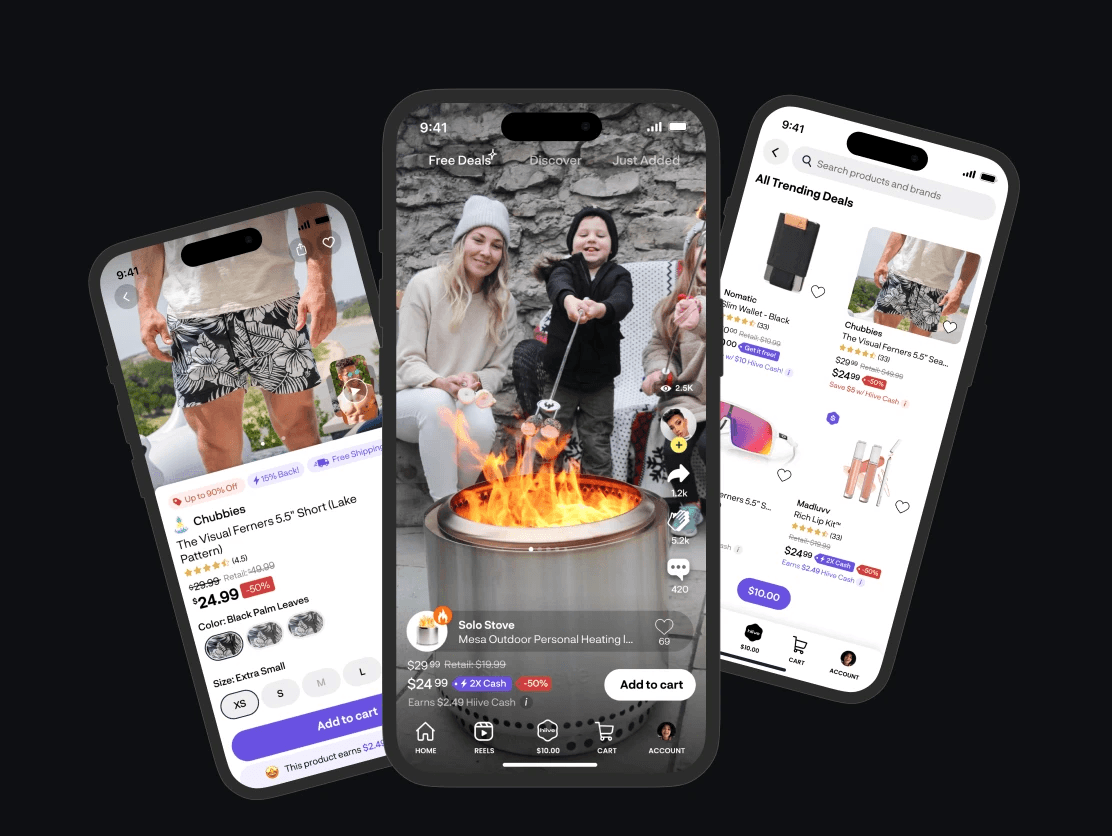 Three iPhone screens of the Hiive app: product page, video feed and deals list