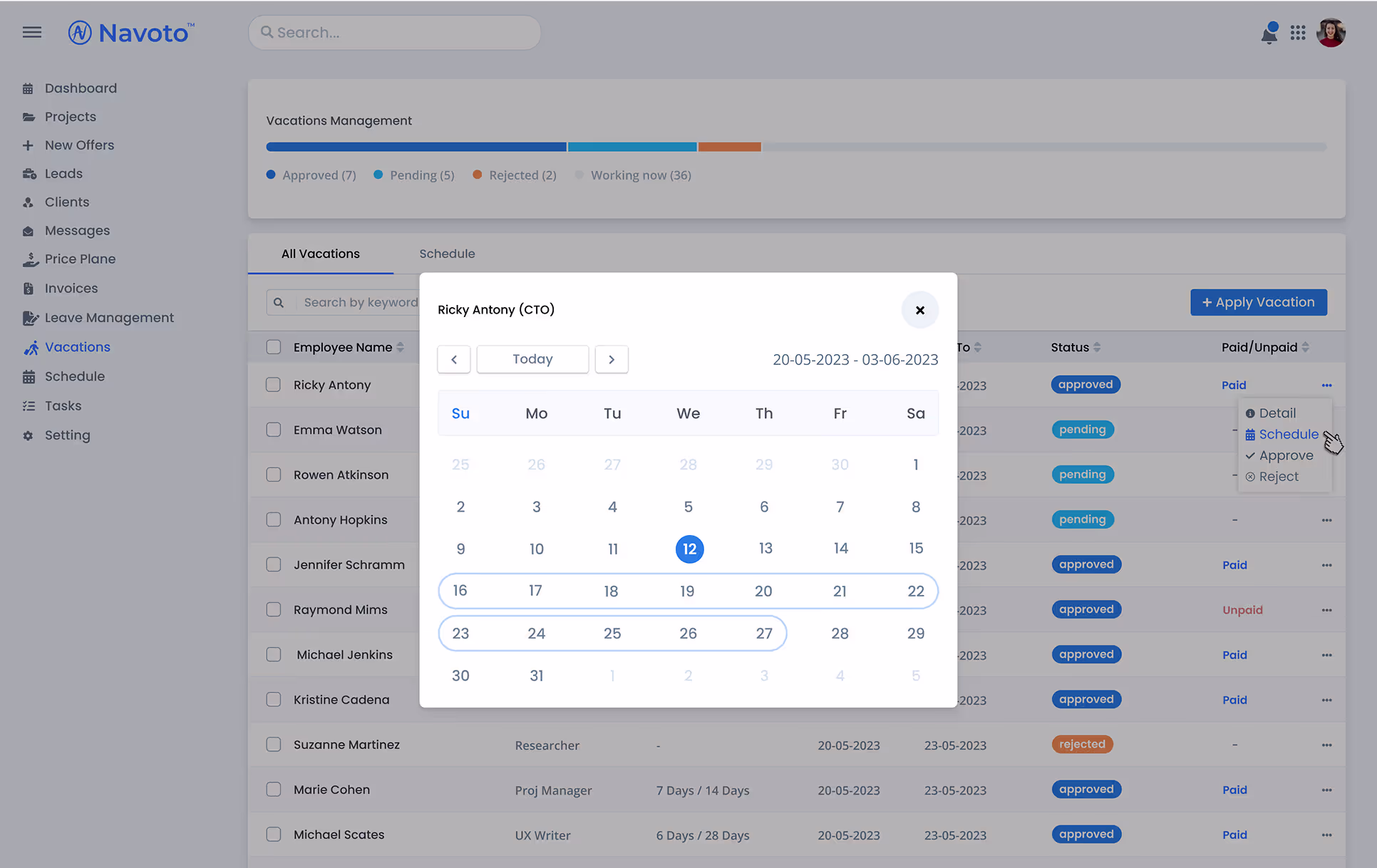 Calendar screen of the CRM