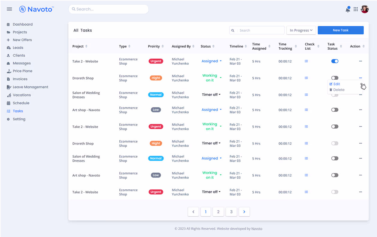 Task management screen of the CRM