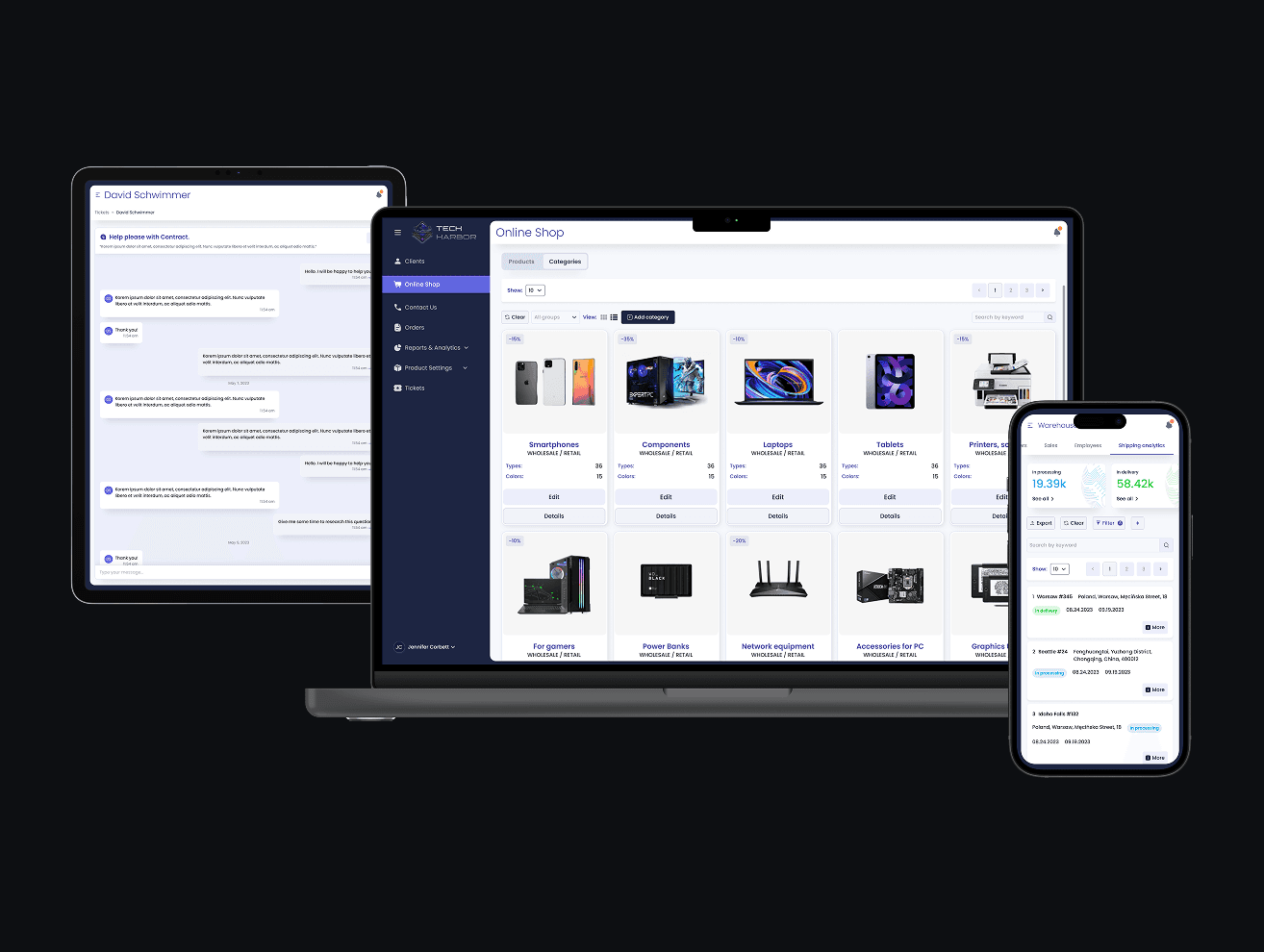 ERP online shop, chat and shipping analytics screens on a laptop, tablet and phone