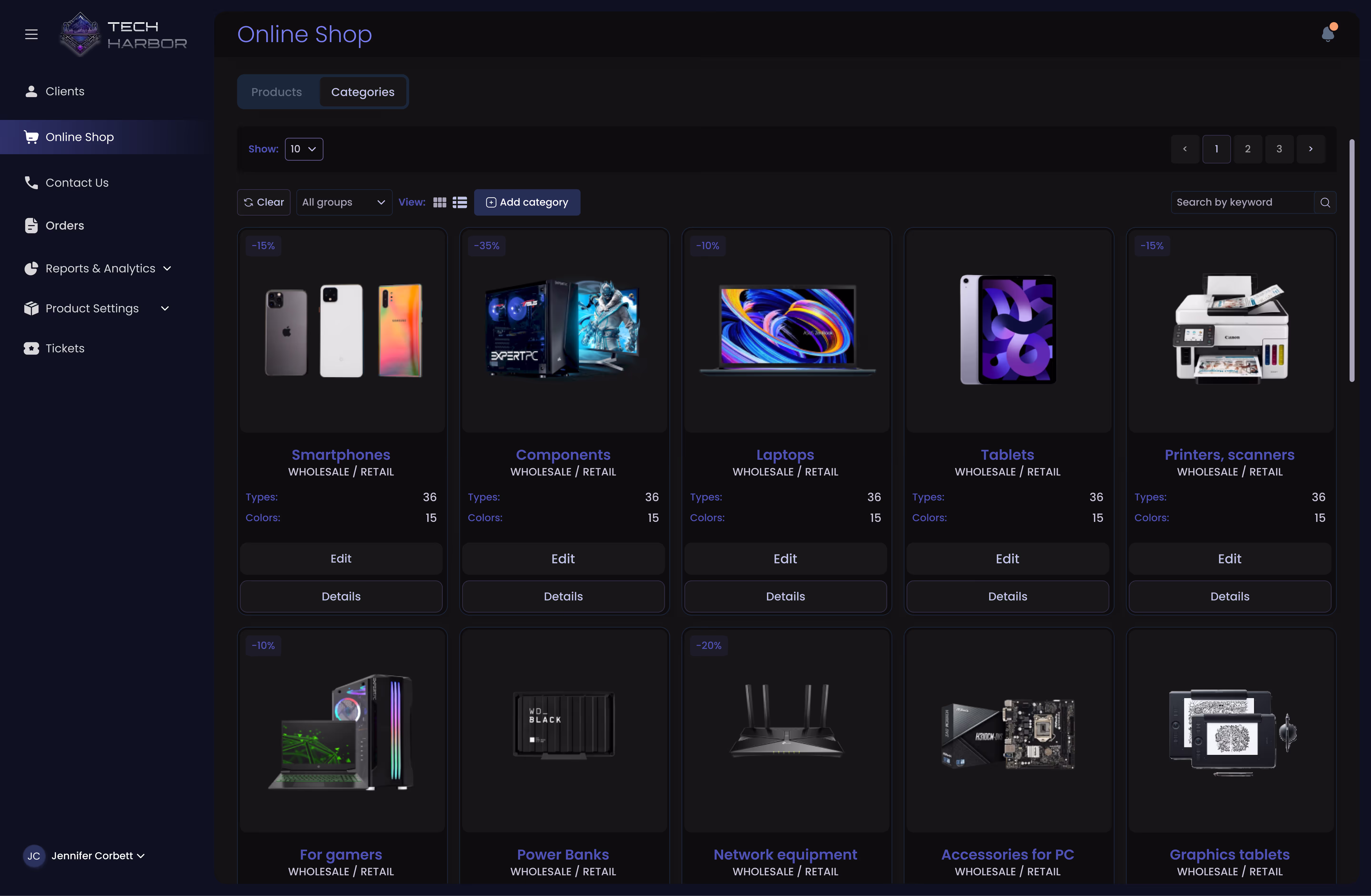 ERP dashboard in the dark theme